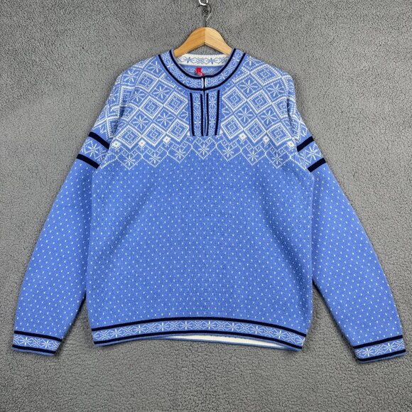 Hanna Andersson Sweater Mens Large Light Blue Fair Isle 1/4 Zip Nordic Pullover - Picture 1 of 15